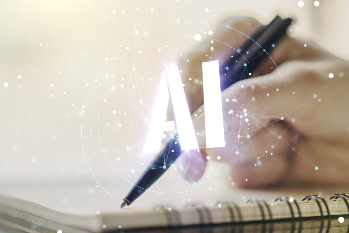 double exposure of creative artificial intelligence abbreviation with woman hand writing in notepad on background. future technology and ai concept
