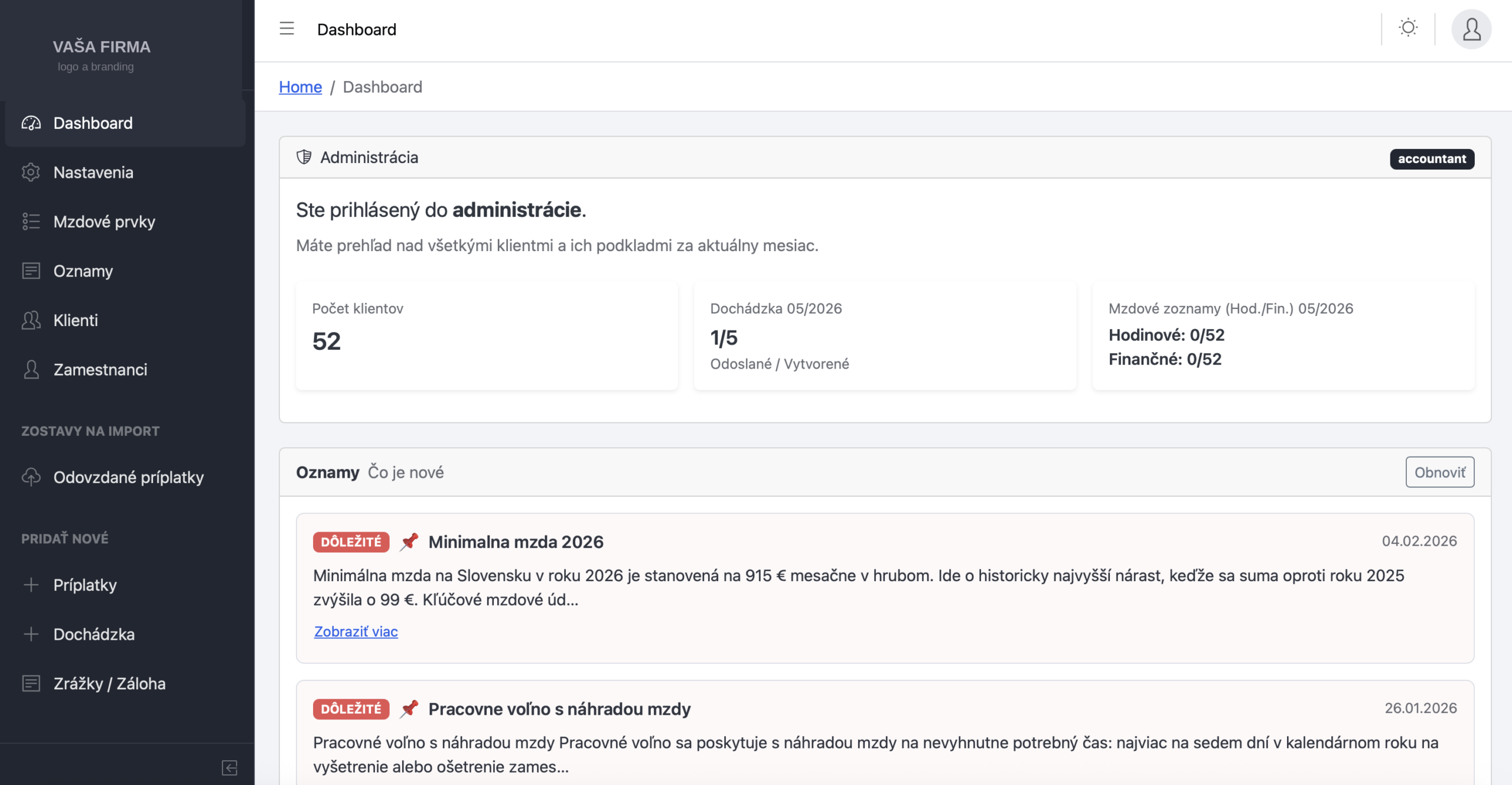 WageBridge dashboard pre účtovnícku firmu